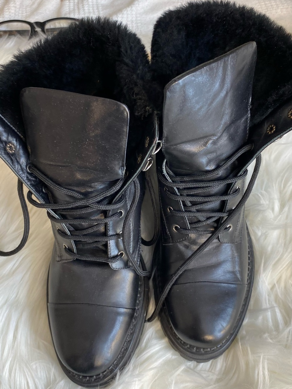 ‼️Made in Italy Fur Trim Black Lace-Up Women's Combat Boots - Picture 2 of 11